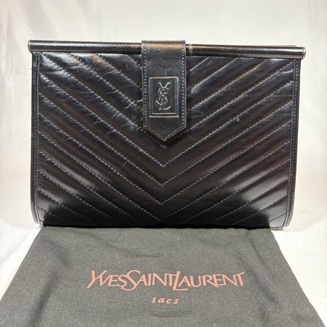 Saint Laurent Clutch Bag Second Bag YSL Cassandra Leather Black Authentic