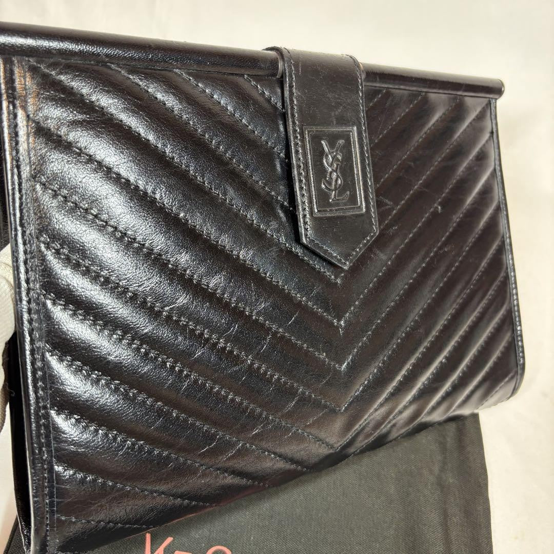 Saint Laurent Clutch Bag Second Bag YSL Cassandra Leather Black Authentic
