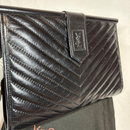 Saint Laurent Clutch Bag Second Bag YSL Cassandra Leather Black Authentic