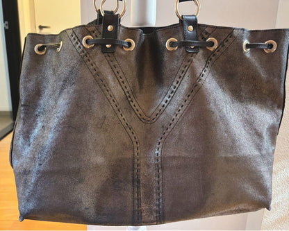 Saint Laurent Saint Laurent Hand Bag Tote Purse Y Line Leather Black Authentic