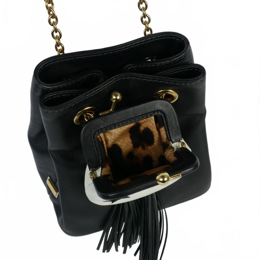 Dolce & Gabbana Shoulder Bag Purse Chain Leopard Leather Black Authentic