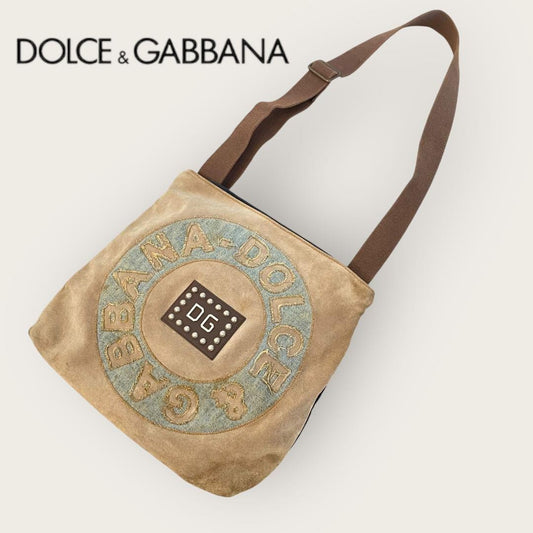 Dolce & Gabbana Shoulder Bag Purse Suede Leather Denim Indigo Beige Authentic