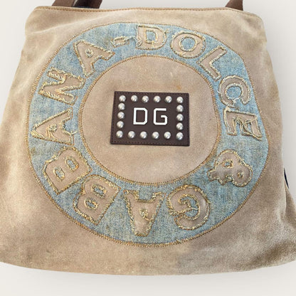 Dolce & Gabbana Shoulder Bag Purse Suede Leather Denim Indigo Beige Authentic