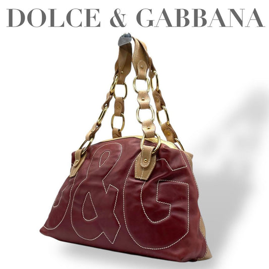 Dolce & Gabbana Shoulder Bag Purse Chain Logo Brown Burgundy Beige Authentic
