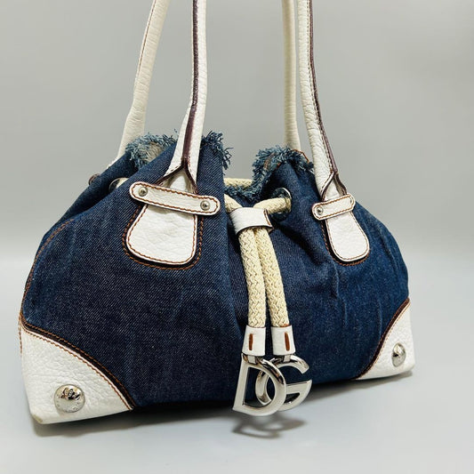 Dolce & Gabbana Hand Bag Tote Purse Denim Leather Blue White Authentic