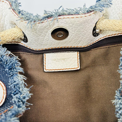 Dolce & Gabbana Hand Bag Tote Purse Denim Leather Blue White Authentic