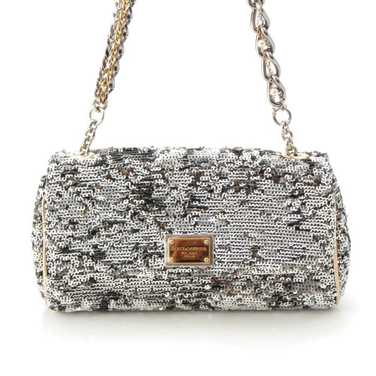 Dolce & Gabbana Shoulder Bag Purse Leopard Sequins Silver Authentic