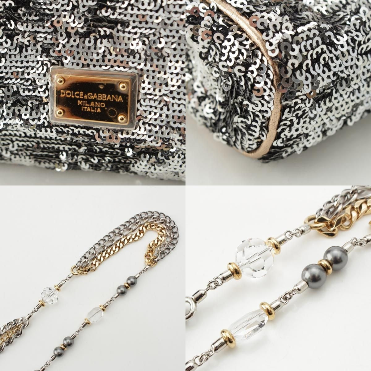 Dolce & Gabbana Shoulder Bag Purse Leopard Sequins Silver Authentic