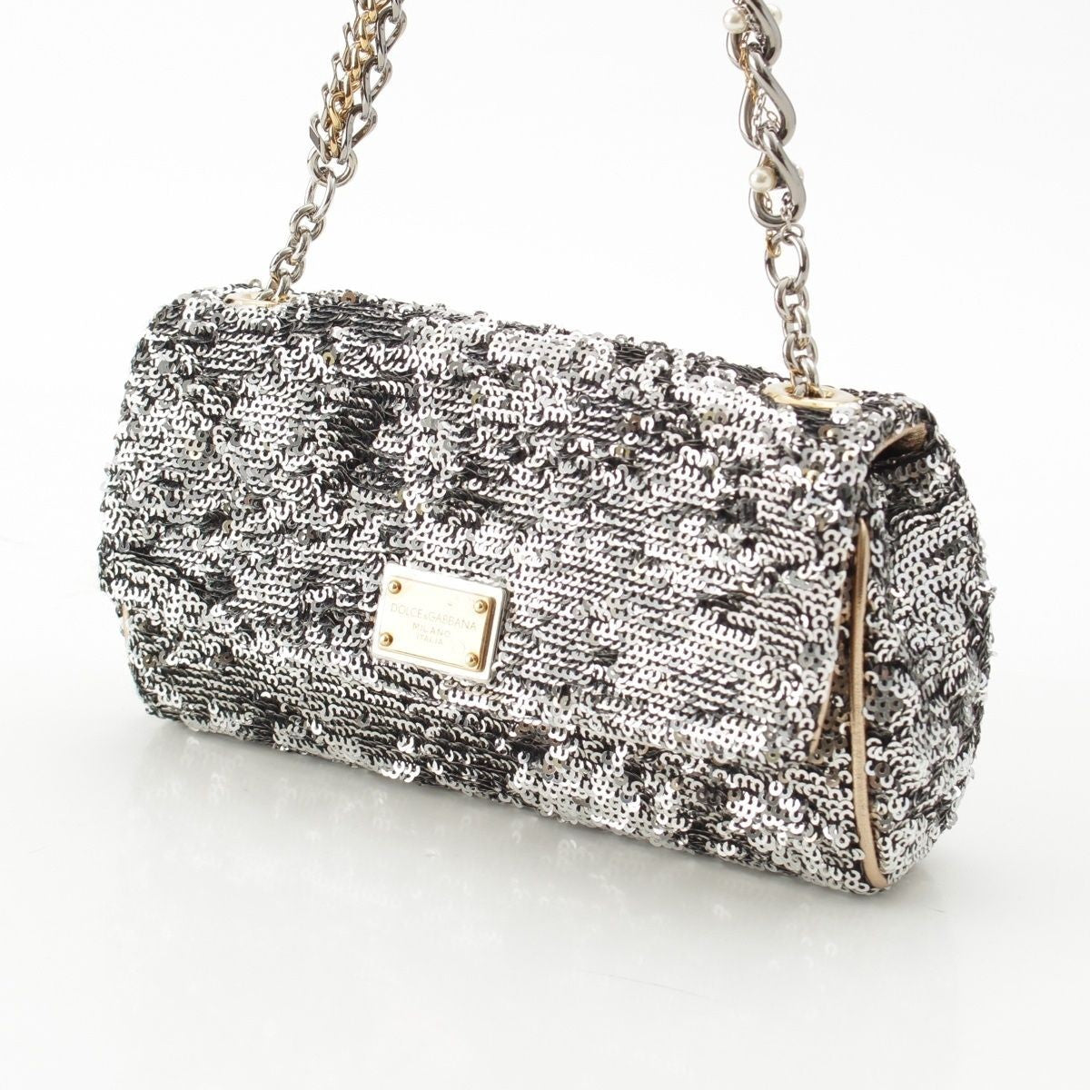 Dolce & Gabbana Shoulder Bag Purse Leopard Sequins Silver Authentic