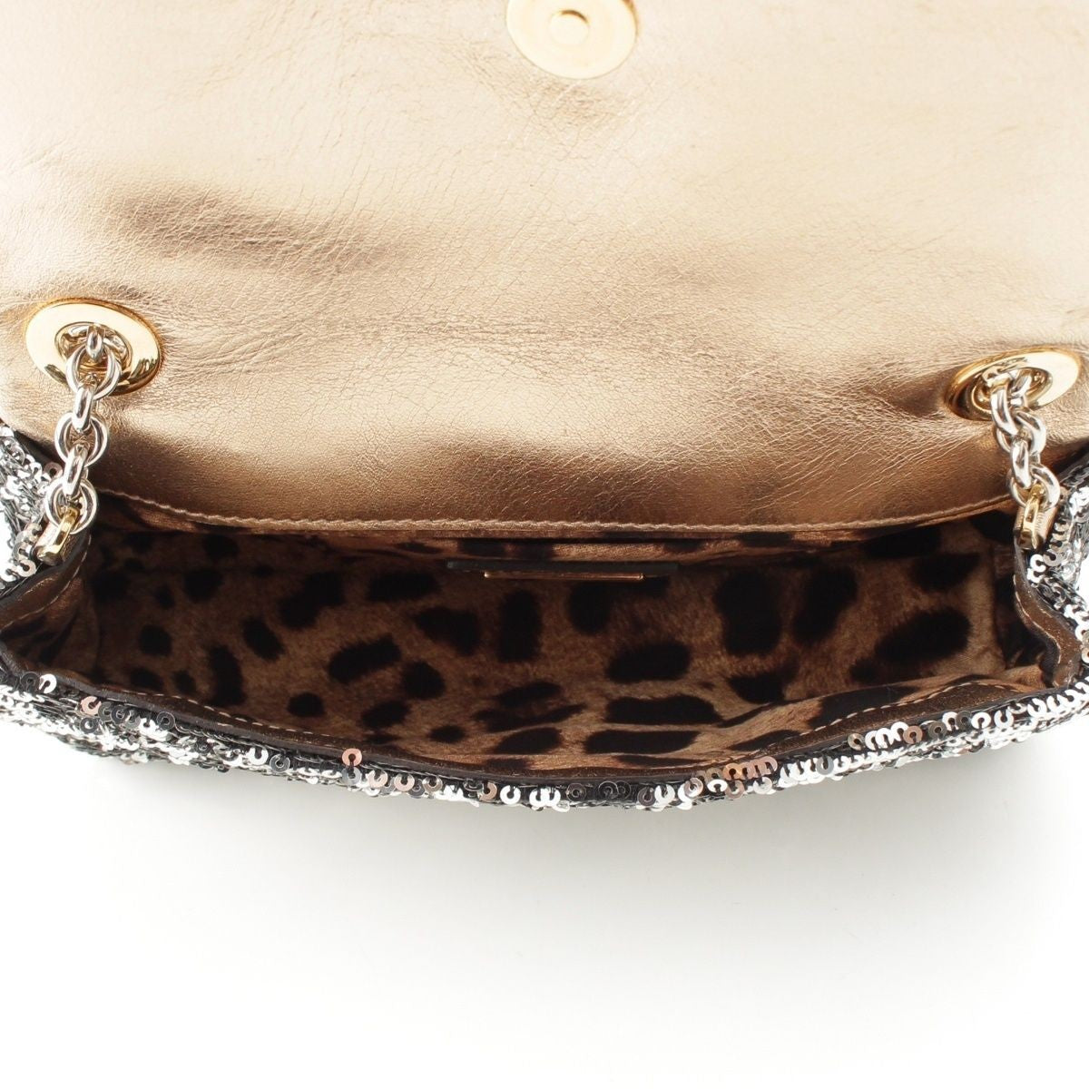 Dolce & Gabbana Shoulder Bag Purse Leopard Sequins Silver Authentic