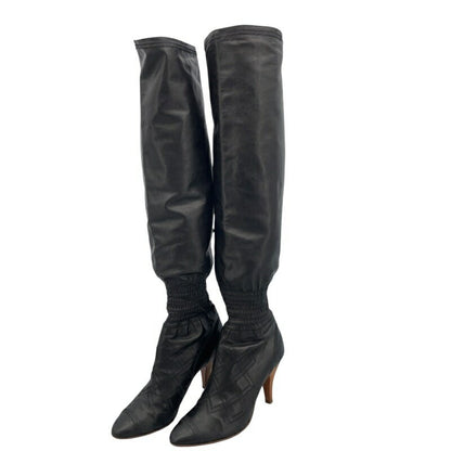 CHANEL Long Boots Shoes EU 38 US 8 Leather Black Authentic