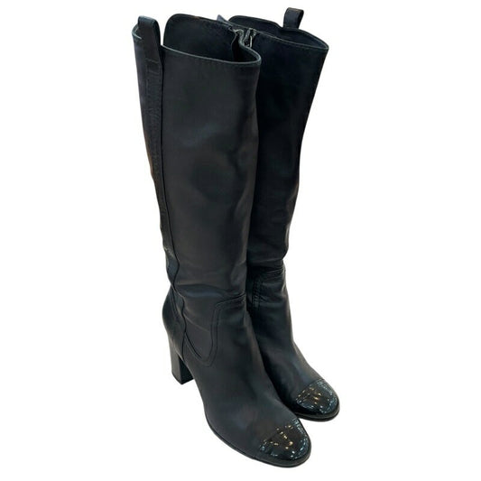 CHANEL Long Boots Shoes EU 37 US 7 Leather Black Authentic