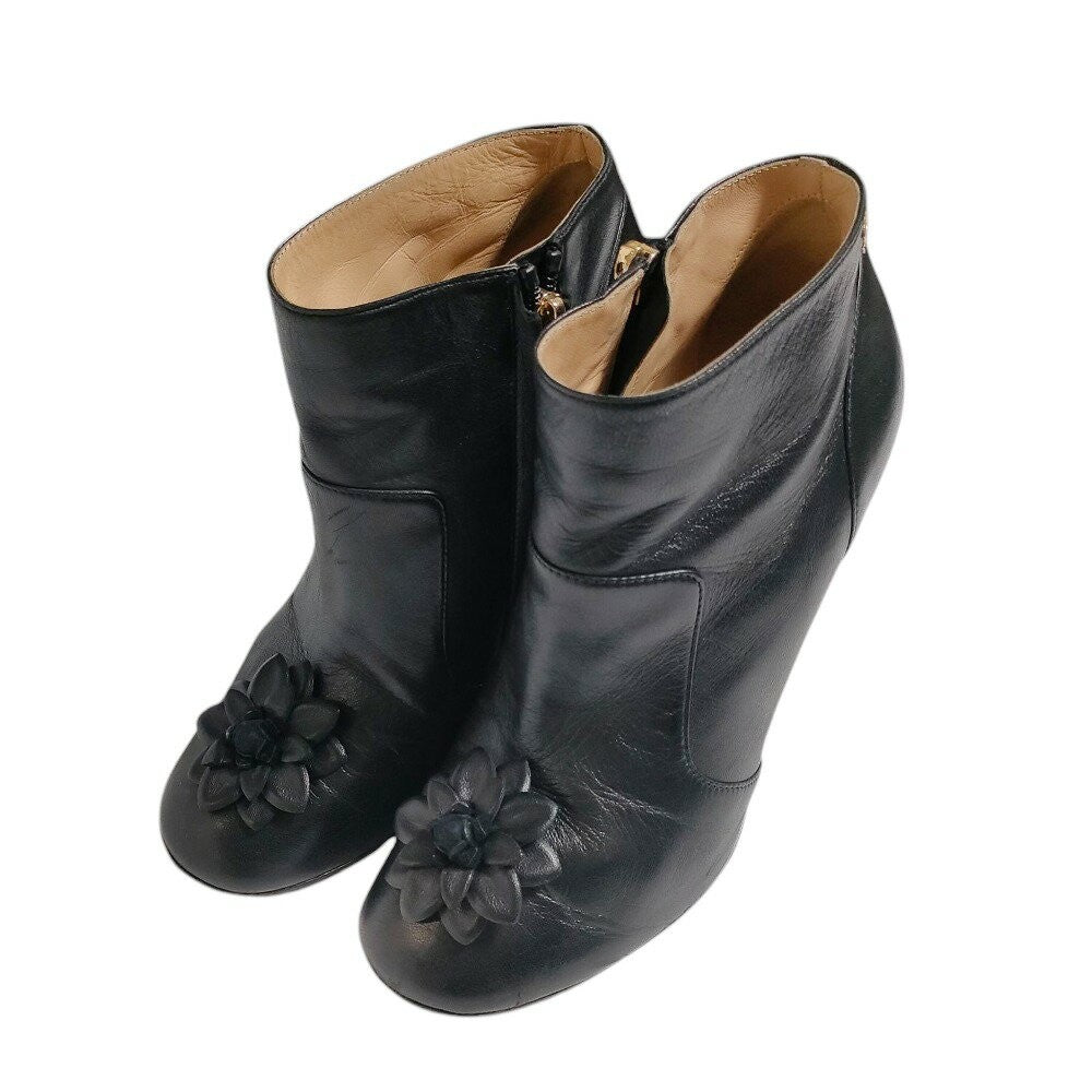 CHANEL Short Boots Shoes Cocomark EU 36.5 US 6.5 Leather Black Authentic