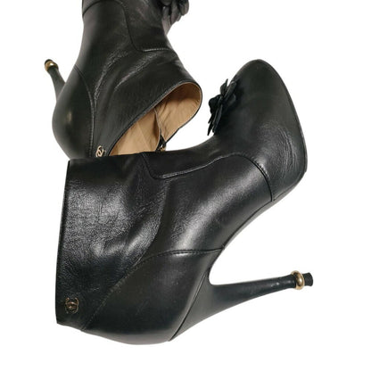 CHANEL Short Boots Shoes Cocomark EU 36.5 US 6.5 Leather Black Authentic