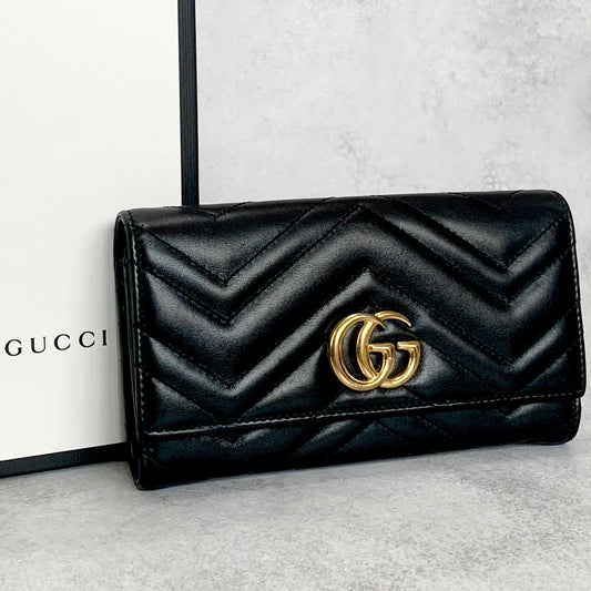 GUCCI Wallet Marmont Quilted GG Flap Long Purse Leather Black Gold Authentic