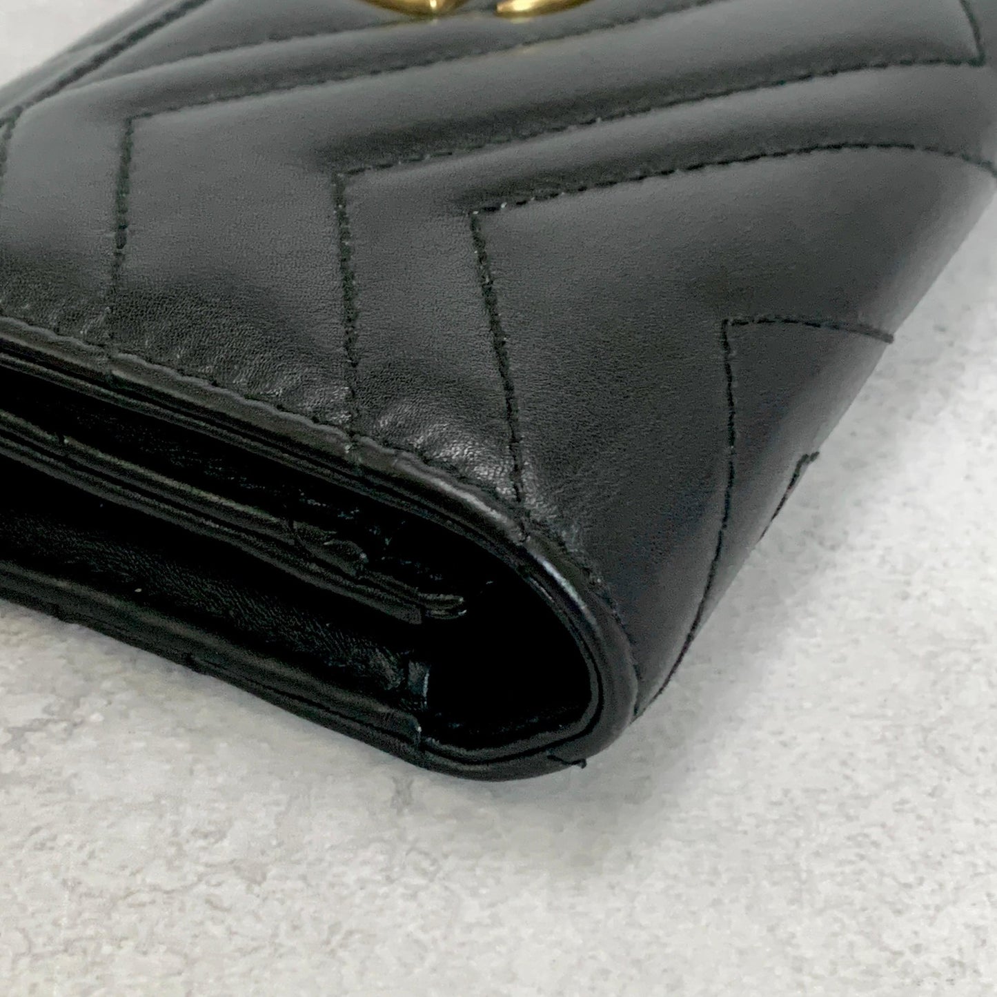GUCCI Wallet Marmont Quilted GG Flap Long Purse Leather Black Gold Authentic