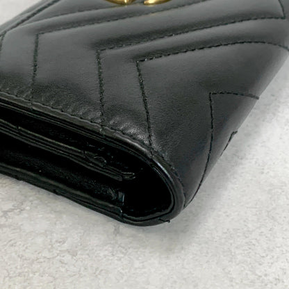GUCCI Wallet Marmont Quilted GG Flap Long Purse Leather Black Gold Authentic