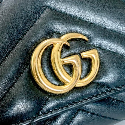 GUCCI Wallet Marmont Quilted GG Flap Long Purse Leather Black Gold Authentic