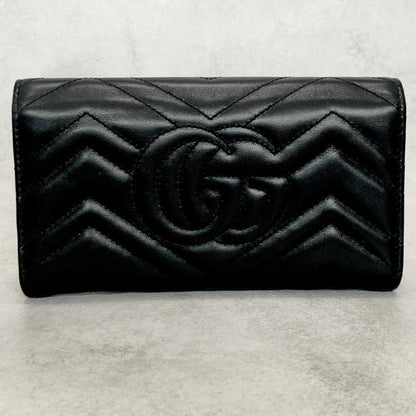 GUCCI Wallet Marmont Quilted GG Flap Long Purse Leather Black Gold Authentic