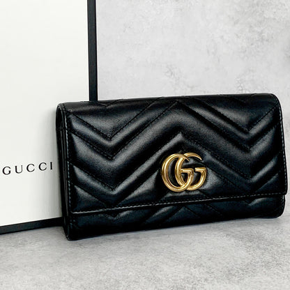 GUCCI Wallet Marmont Quilted GG Flap Long Purse Leather Black Gold Authentic