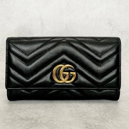 GUCCI Wallet Marmont Quilted GG Flap Long Purse Leather Black Gold Authentic