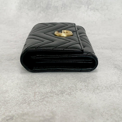GUCCI Wallet Marmont Quilted GG Flap Long Purse Leather Black Gold Authentic