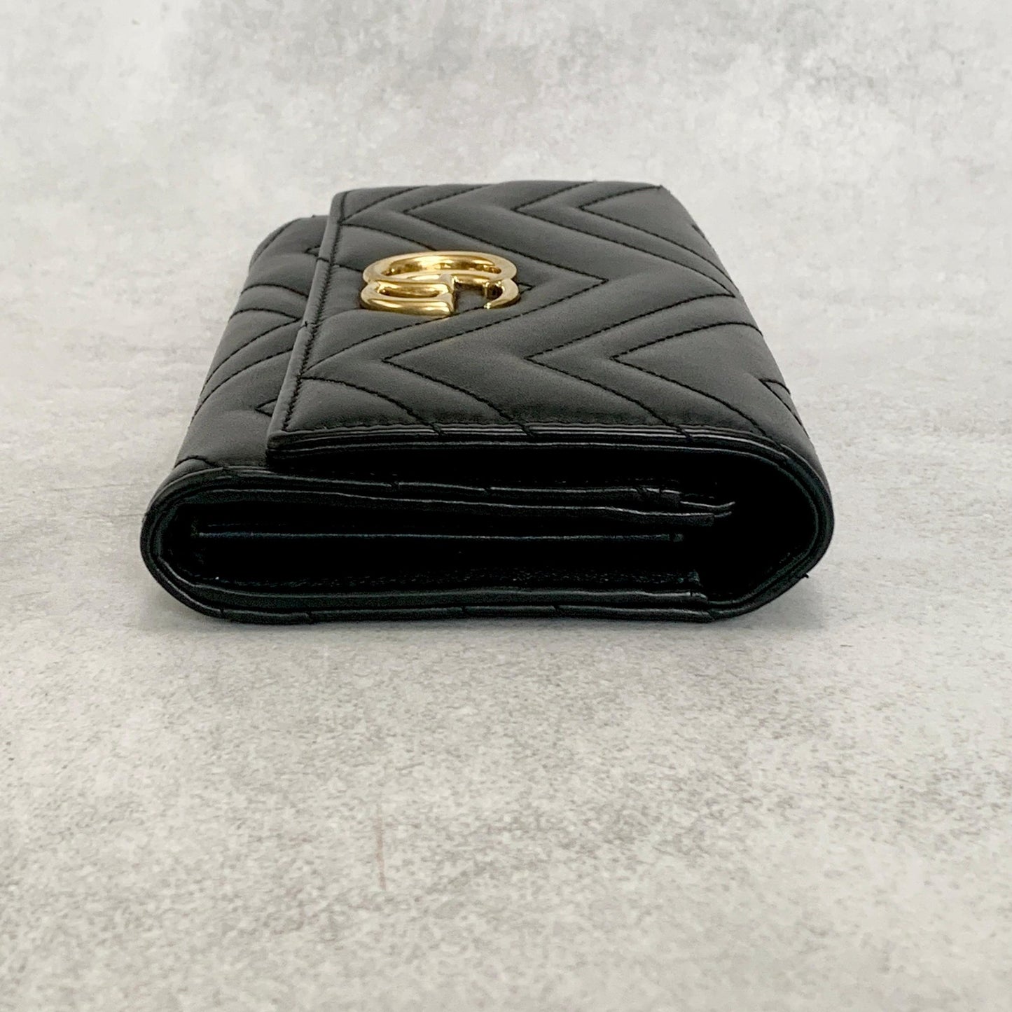 GUCCI Wallet Marmont Quilted GG Flap Long Purse Leather Black Gold Authentic