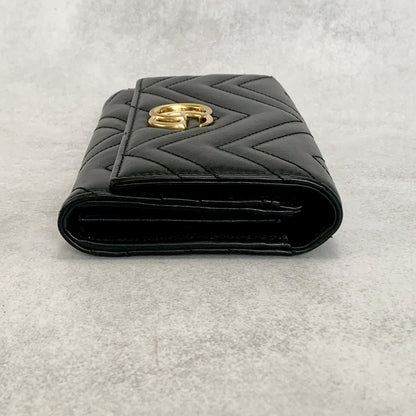 GUCCI Wallet Marmont Quilted GG Flap Long Purse Leather Black Gold Authentic