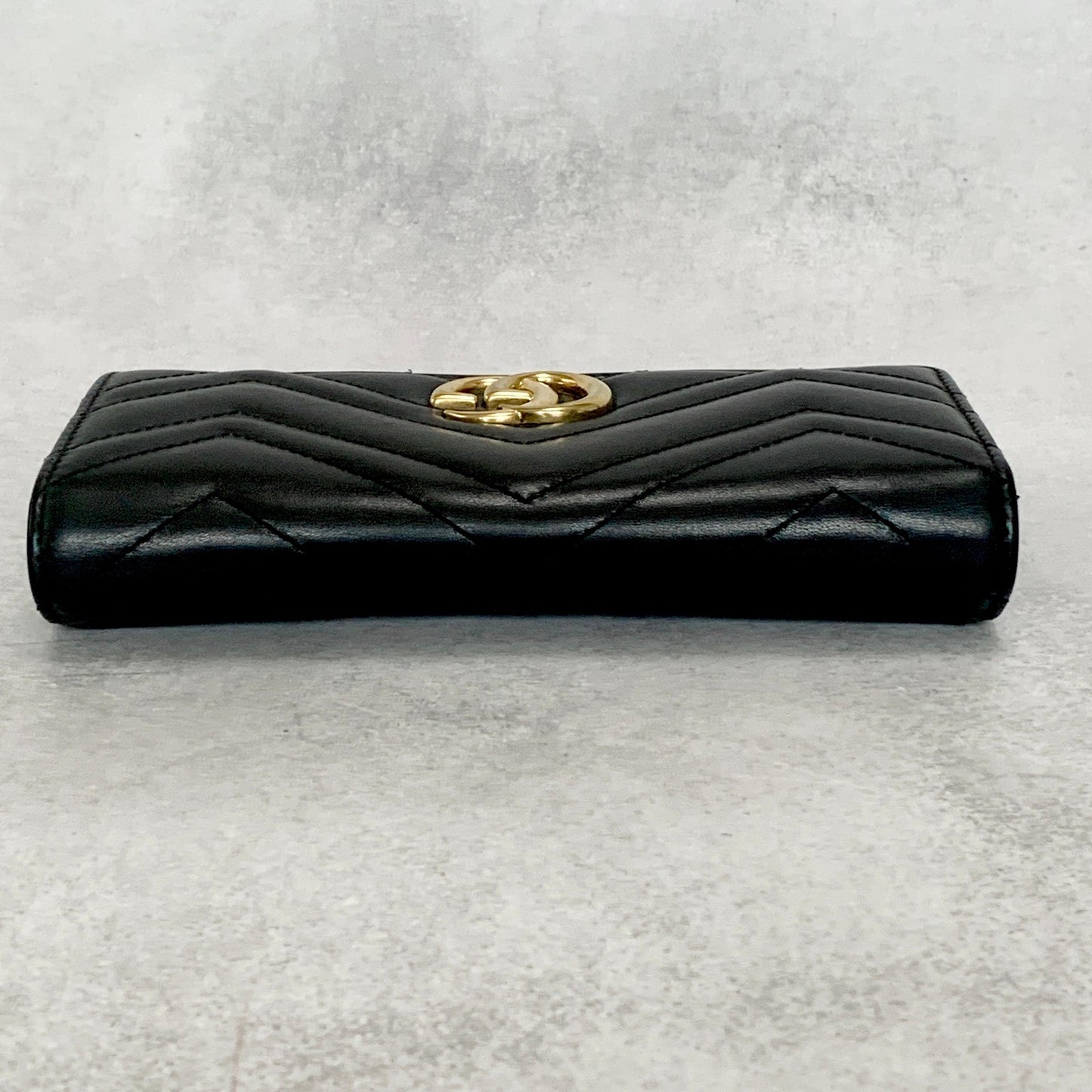 GUCCI Wallet Marmont Quilted GG Flap Long Purse Leather Black Gold Authentic