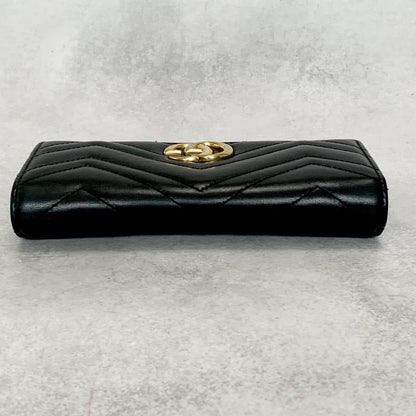 GUCCI Wallet Marmont Quilted GG Flap Long Purse Leather Black Gold Authentic