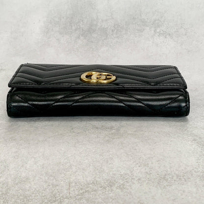 GUCCI Wallet Marmont Quilted GG Flap Long Purse Leather Black Gold Authentic