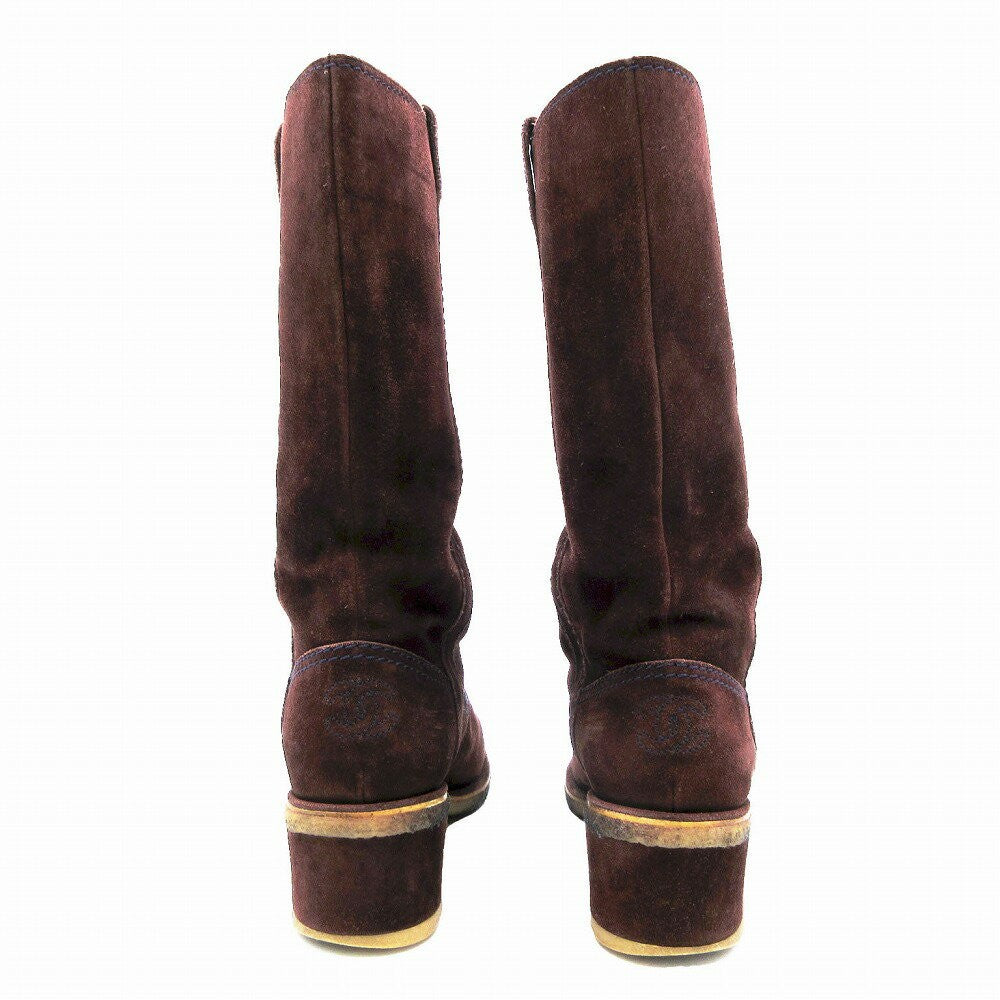 CHANEL Long Boots Shoes Cocomark EU 38 US 8 Suede Brown Authentic