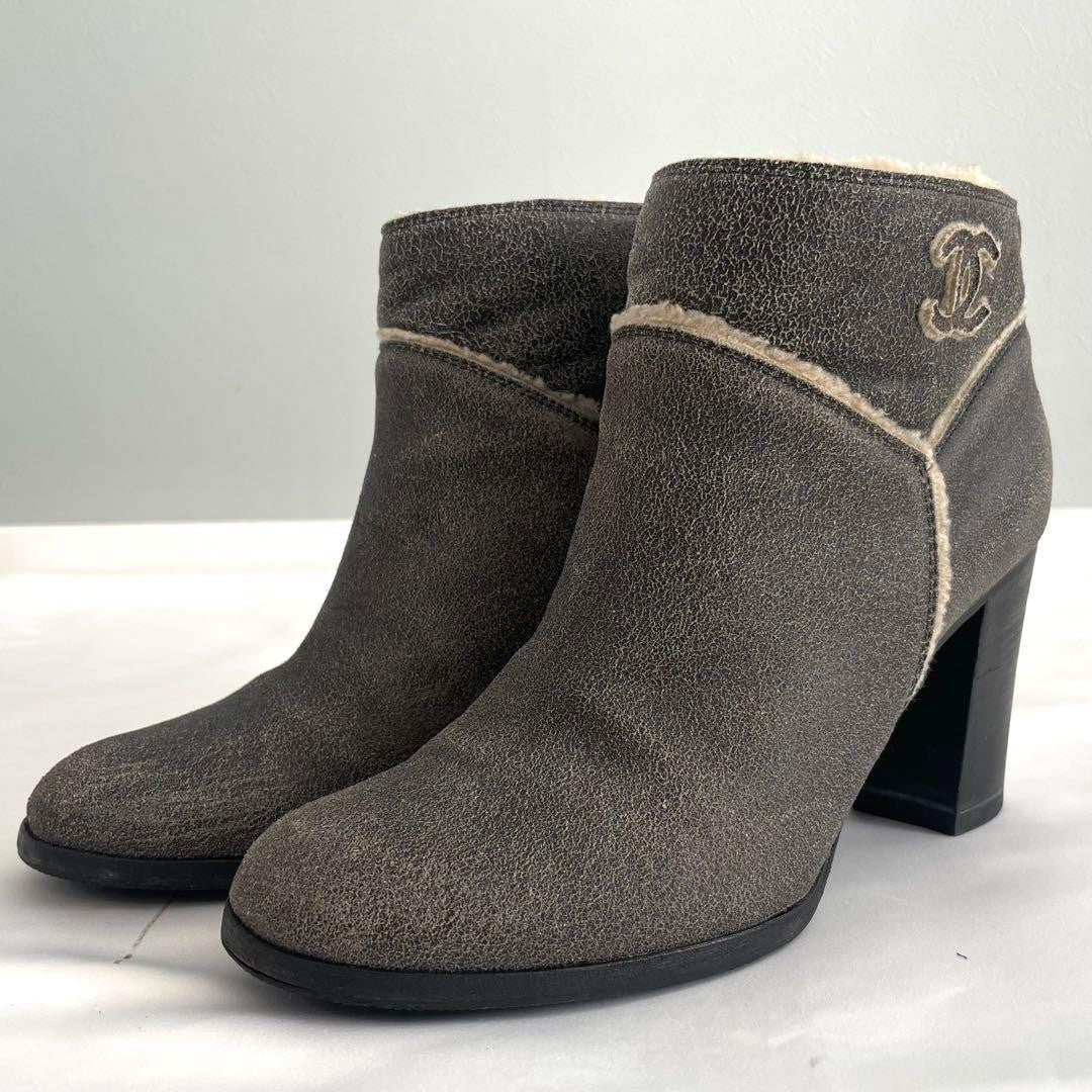 CHANEL Boots Shoes Cocomark EU 37.5 US 7.5 Mouton Leather Gray Authentic