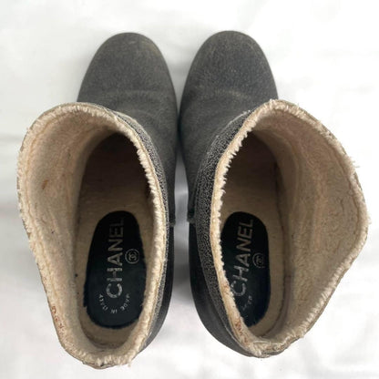 CHANEL Boots Shoes Cocomark EU 37.5 US 7.5 Mouton Leather Gray Authentic