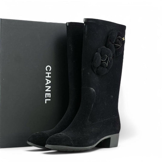 CHANEL Boots Shoes Cocomark EU 36 US 6 Suede Black Authentic