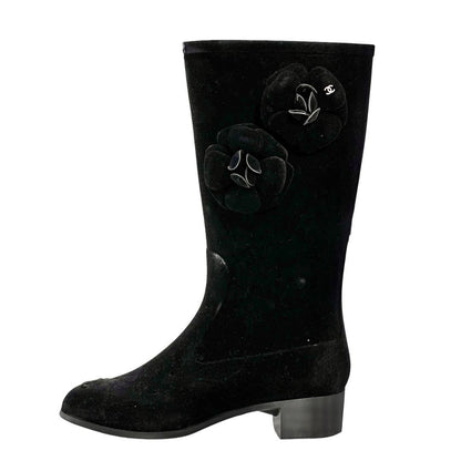 CHANEL Boots Shoes Cocomark EU 36 US 6 Suede Black Authentic
