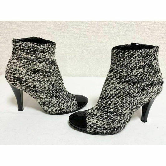 CHANEL Short Boots Shoes Cocomark EU 37 US 7 Leather Black White Authentic