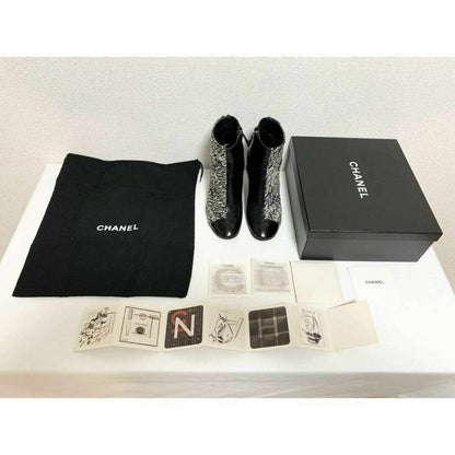 CHANEL Short Boots Shoes Cocomark EU 37 US 7 Leather Black White Authentic