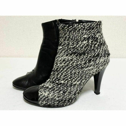 CHANEL Short Boots Shoes Cocomark EU 37 US 7 Leather Black White Authentic
