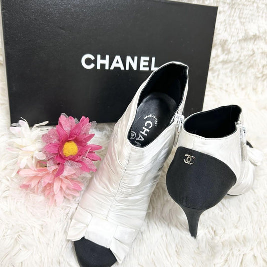 CHANEL Short Boots Shoes Cocomark EU 37 US 7 Black White Authentic
