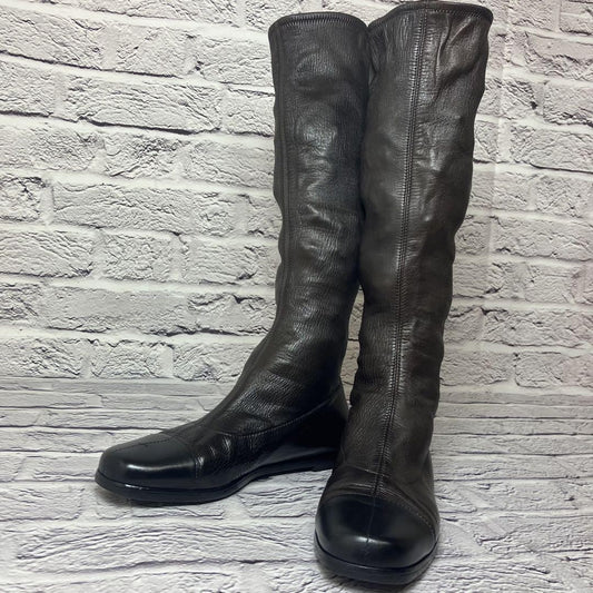 CHANEL Long Boots Shoes EU 37 US 7 Leather Dark Brown Black Authentic