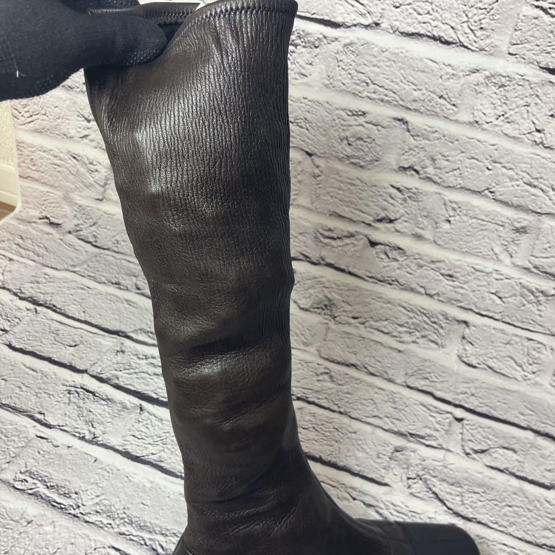 CHANEL Long Boots Shoes EU 37 US 7 Leather Dark Brown Black Authentic