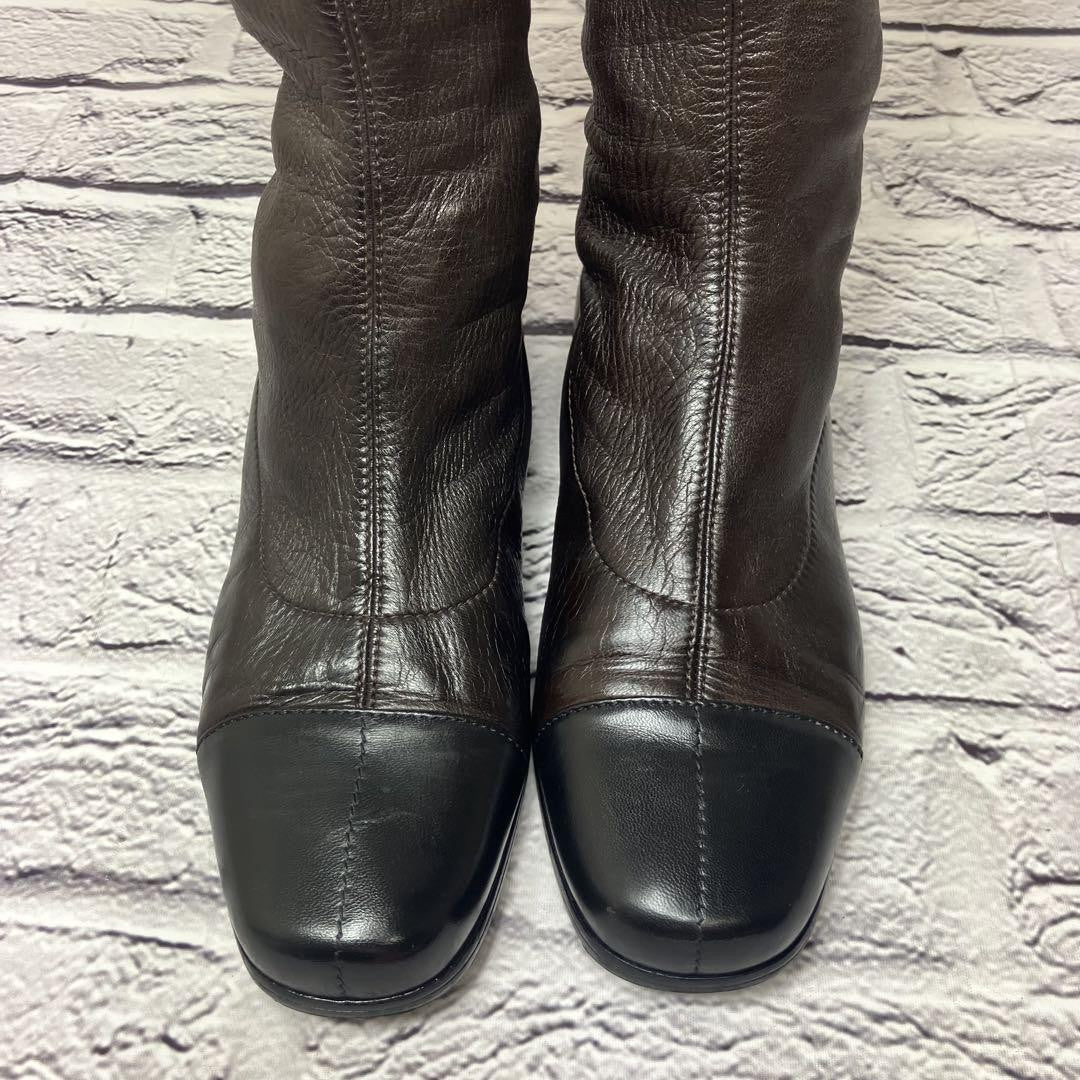 CHANEL Long Boots Shoes EU 37 US 7 Leather Dark Brown Black Authentic