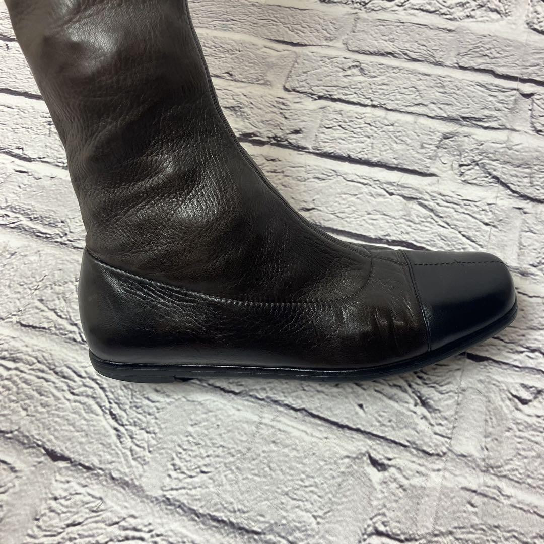 CHANEL Long Boots Shoes EU 37 US 7 Leather Dark Brown Black Authentic