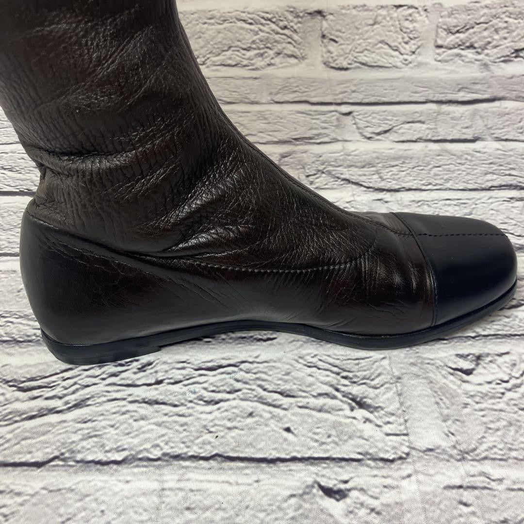 CHANEL Long Boots Shoes EU 37 US 7 Leather Dark Brown Black Authentic