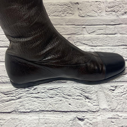 CHANEL Long Boots Shoes EU 37 US 7 Leather Dark Brown Black Authentic