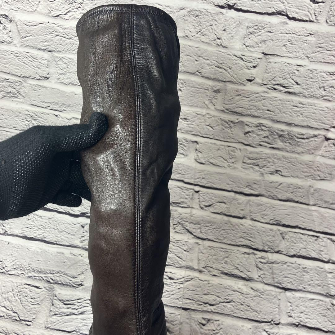 CHANEL Long Boots Shoes EU 37 US 7 Leather Dark Brown Black Authentic
