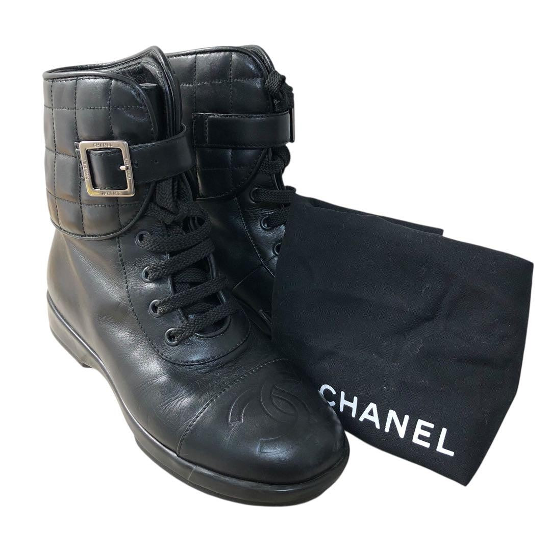 CHANEL Boots Shoes Cocomark EU 35 US 5 Leather Black Authentic