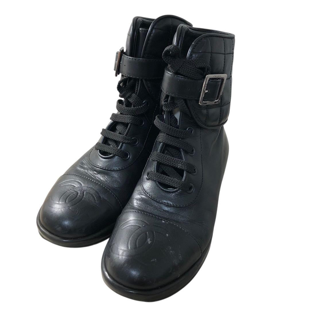 CHANEL Boots Shoes Cocomark EU 35 US 5 Leather Black Authentic