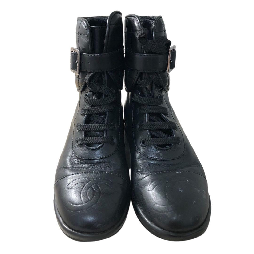 CHANEL Boots Shoes Cocomark EU 35 US 5 Leather Black Authentic